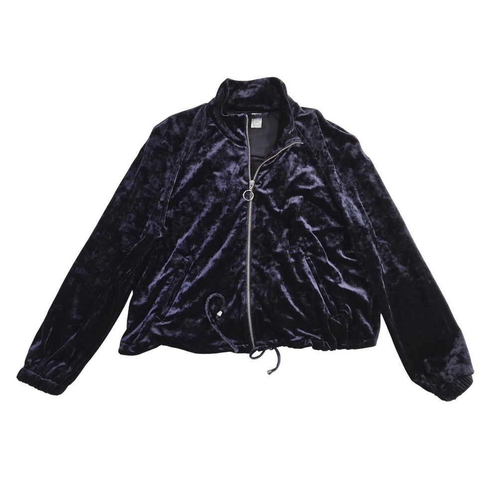 H&M Divided Purple Crushed Velvet Zip Up Bomber Jacket Drawstring Hem Size 12